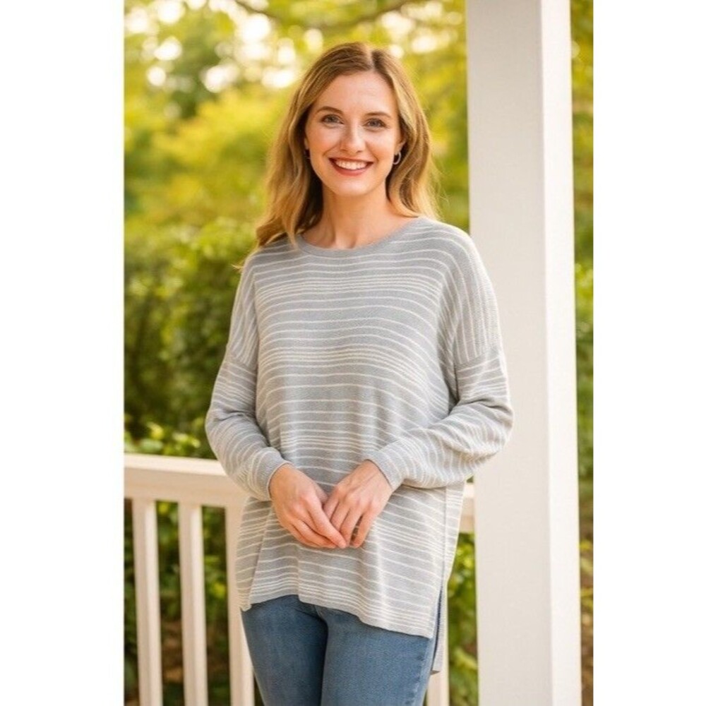 Eileen Fisher Striped Organic Cotton Knit Sweater Top Gray White Size Medium